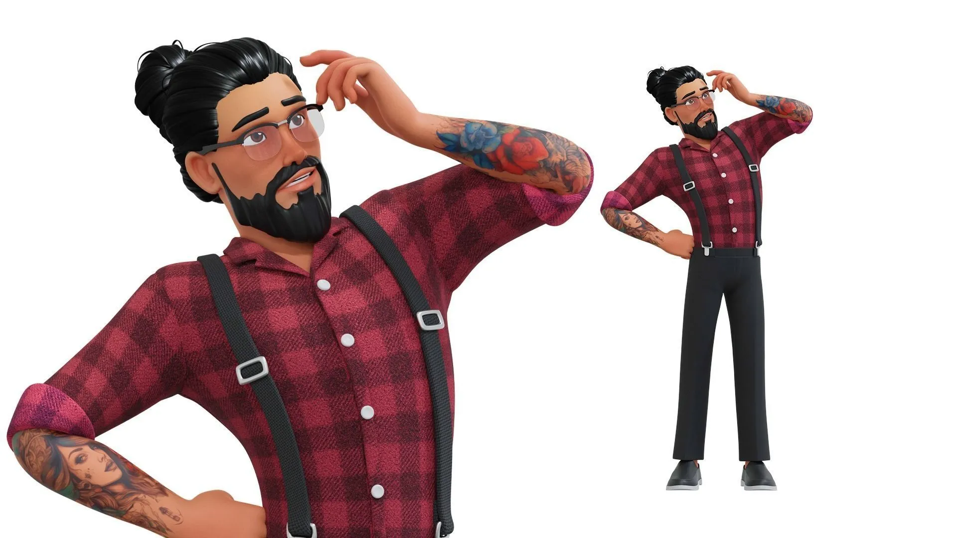 Hipster Man Cartoon Character rigged 3D character in different pose